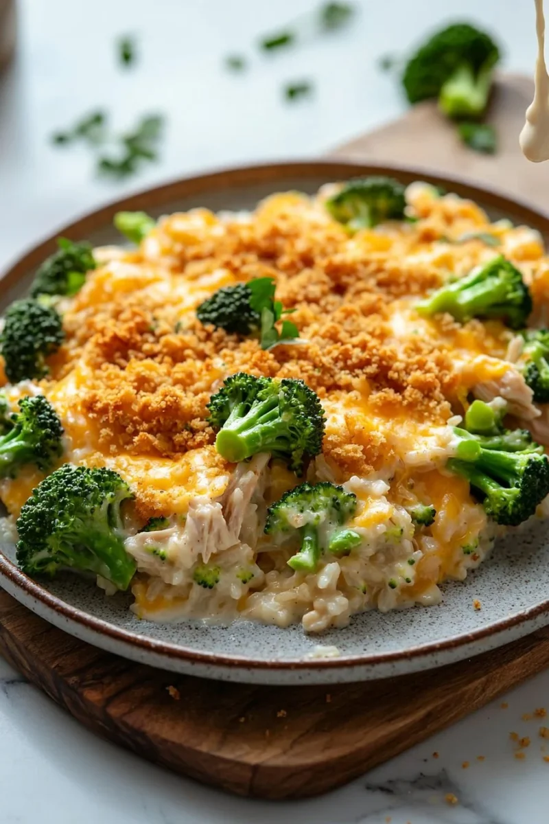Cheesy broccoli chicken and rice casserole in a baking dish