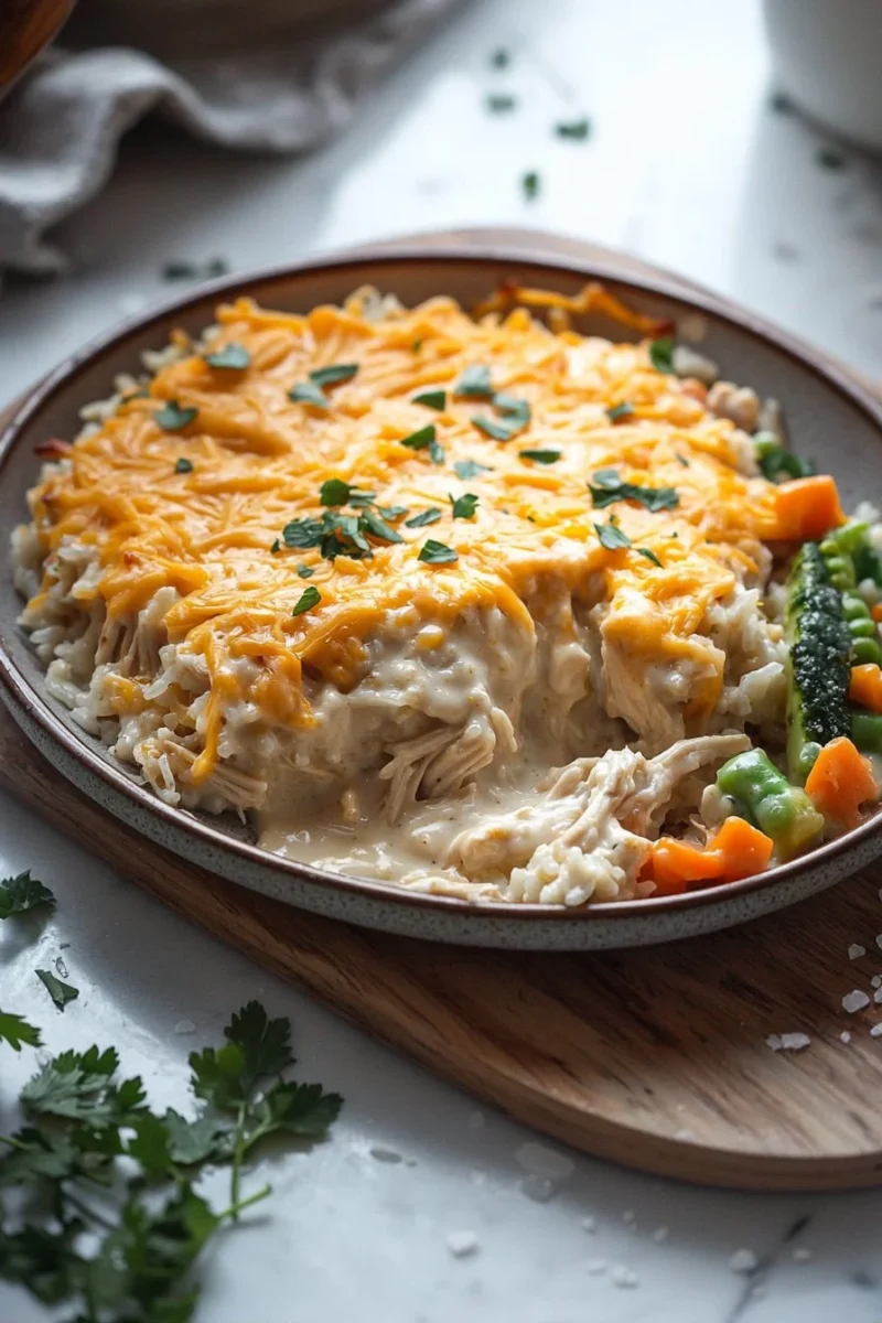 Cheesy Chicken and Rice Casserole with melty cheese and tender chicken