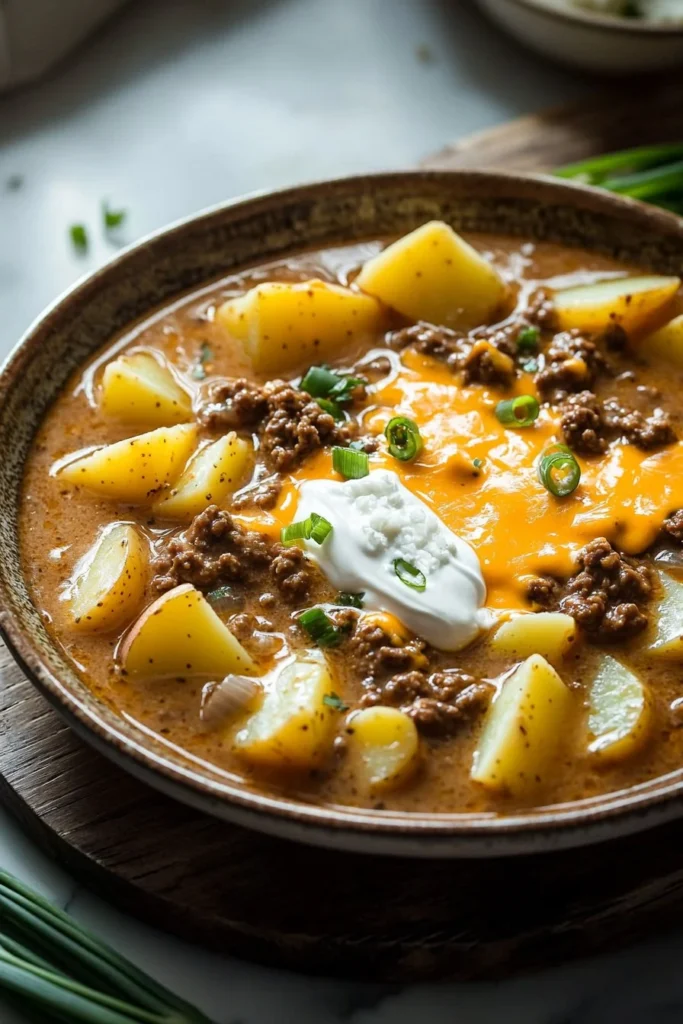 Cheesy Crock Pot Beef and Potato Soup in a bowl topped with parsley