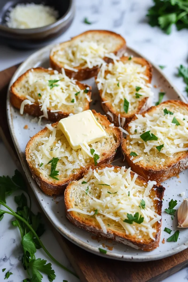 Delicious homemade cheesy garlic toast with melted cheese and fresh garlic