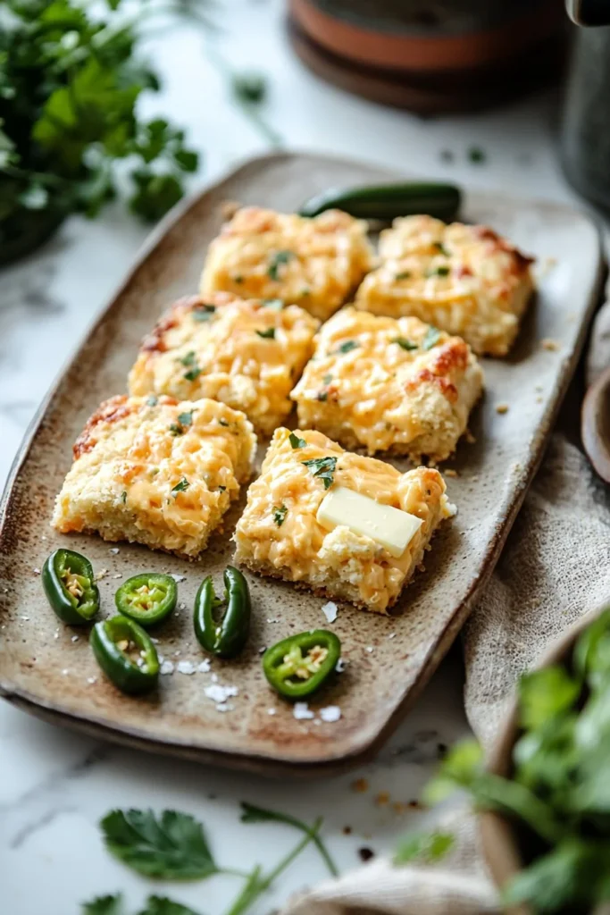 Cheesy jalapeño shortbread cookies on a plate, garnished with fresh herbs