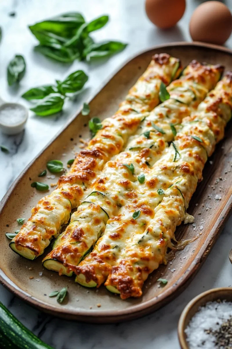 Plate of cheesy zucchini breadsticks served with marinara sauce