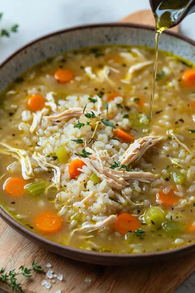 Bowl of delicious Chicken Rice Soup with chicken, rice, and fresh herbs