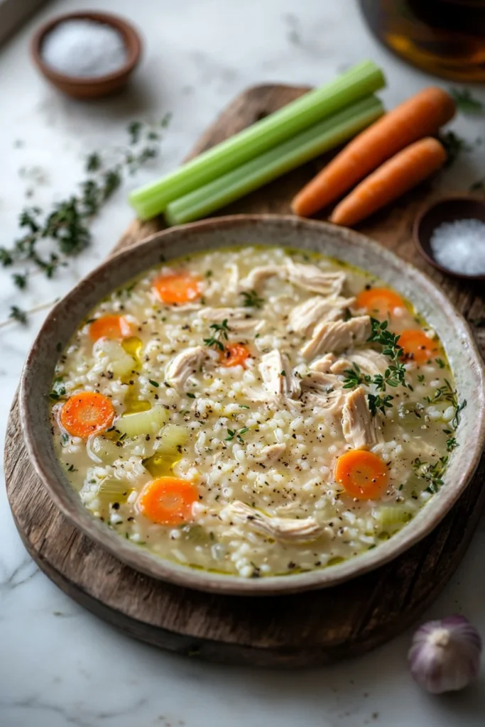 Delicious bowl of chicken and rice soup garnished with herbs