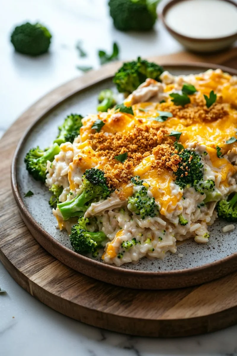 Delicious Chicken Broccoli Rice Casserole served in a dish
