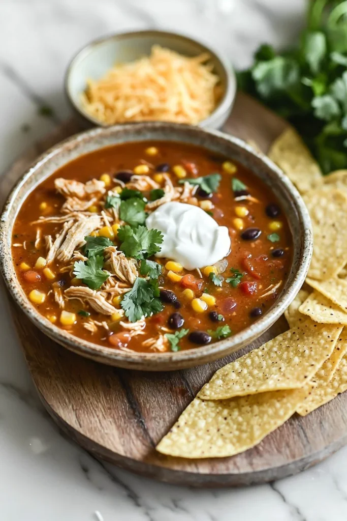 Delicious Chicken Enchilada Soup topped with cheese and cilantro