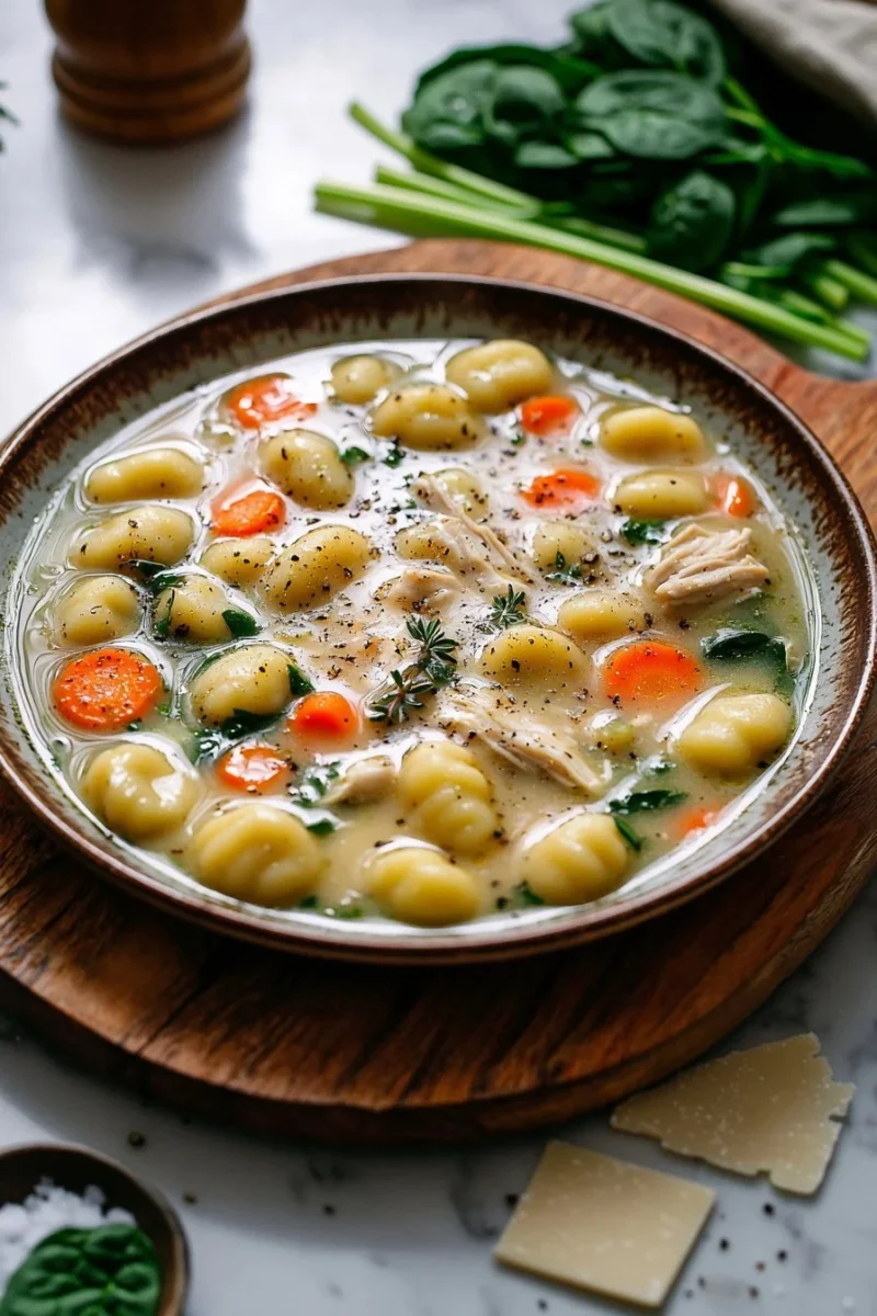 Bowl of creamy Chicken Gnocchi Soup garnished with herbs