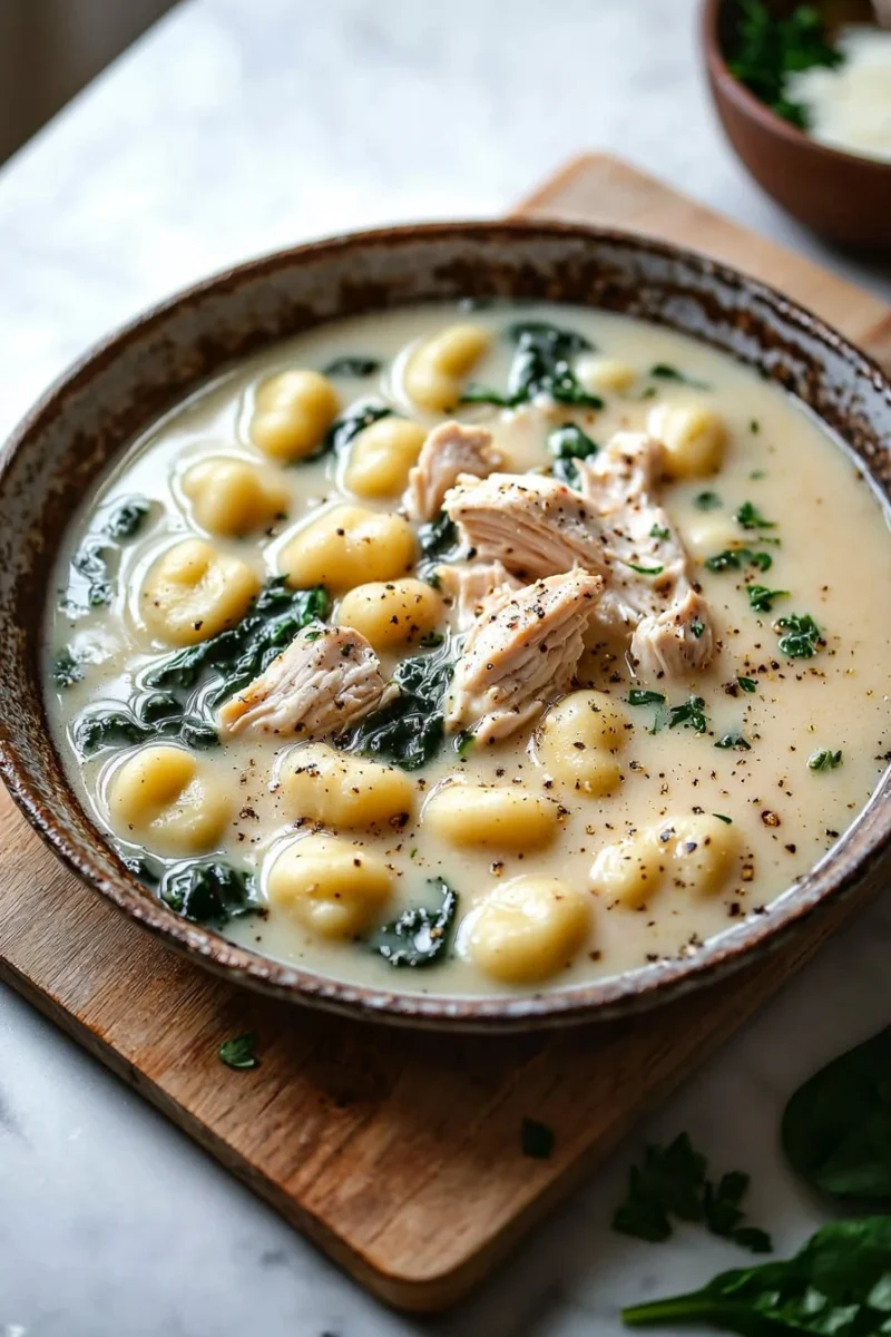 Bowl of creamy Chicken Gnocchi Soup garnished with herbs