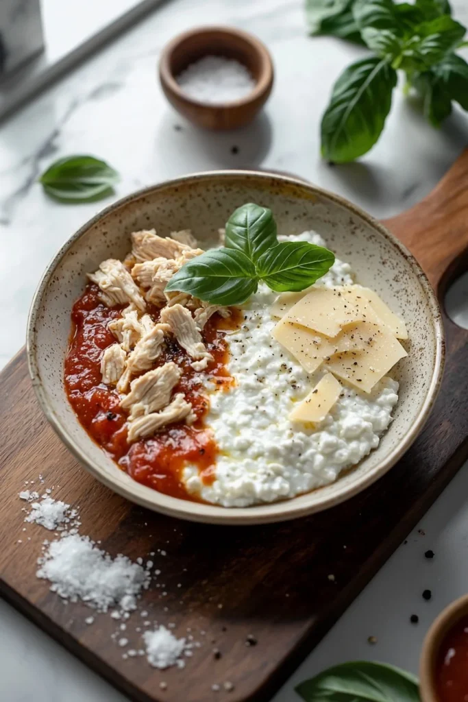 Delicious Chicken Parm Cottage Cheese Bowl served in a colorful dish.