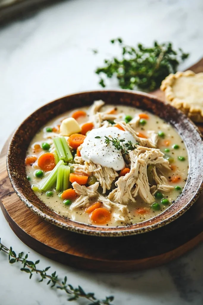 Bowl of creamy Chicken Pot Pie Soup garnished with herbs