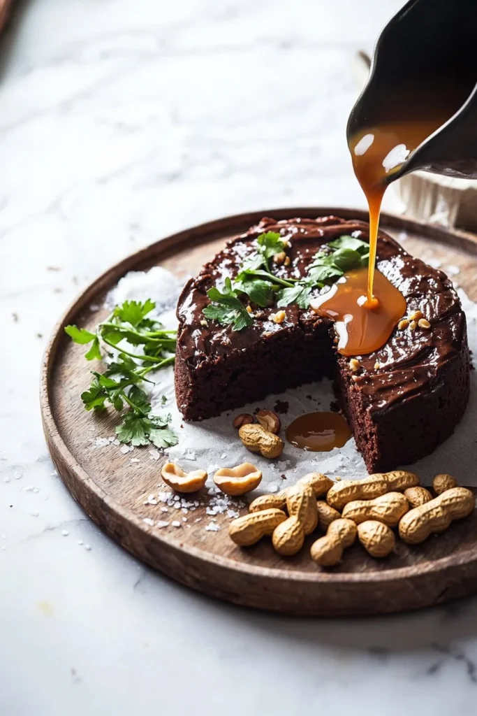 Delicious slice of Chocolate Caramel Peanut Cake topped with chocolate and caramel drizzle