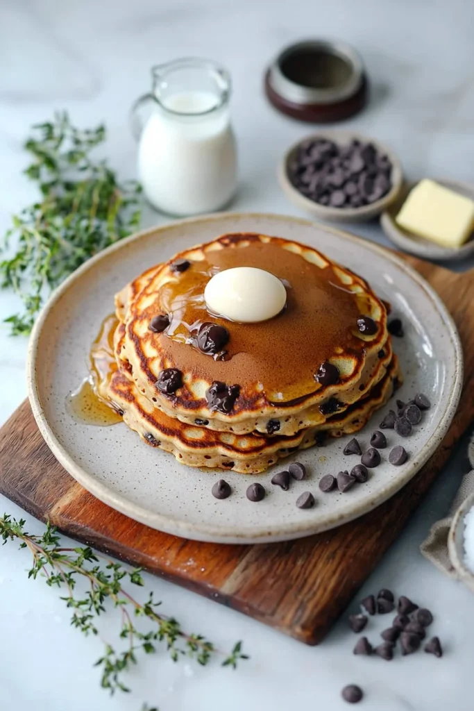 Stack of fluffy chocolate chip pancakes drizzled with syrup on a plate