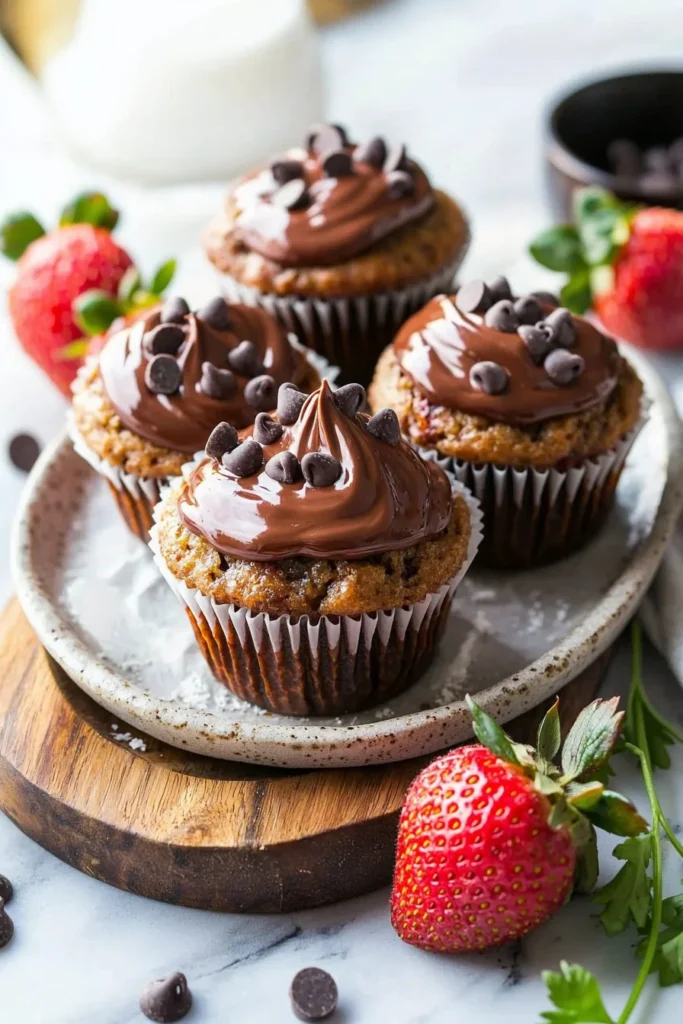 Delicious chocolate dipped strawberry muffins topped with fresh strawberries