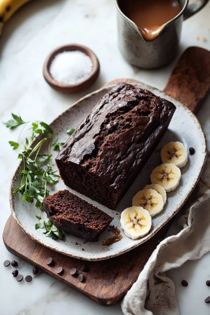 Loaf of chocolate espresso banana bread on a plate