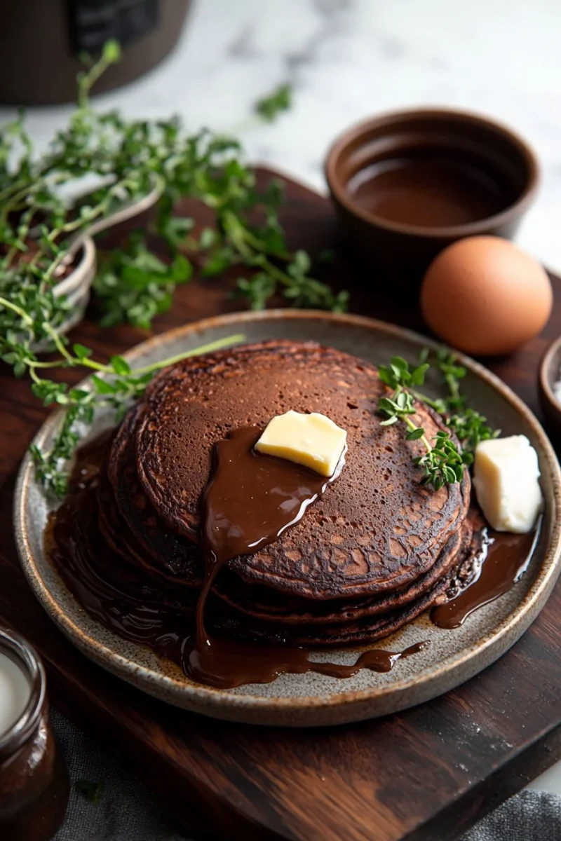 Delicious chocolate pancakes stacked on a plate, drizzled with syrup.