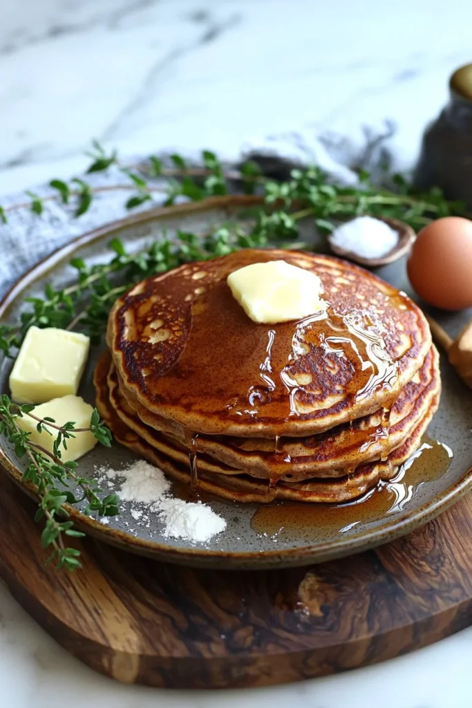 Stack of cinnamon brown sugar pancakes with syrup and toppings