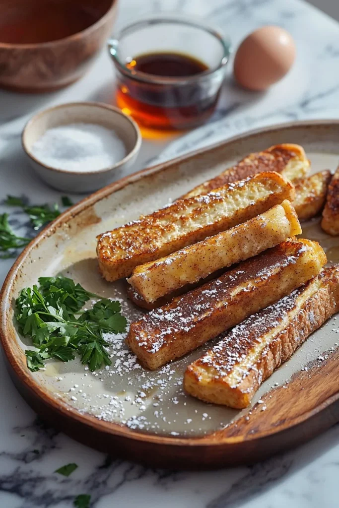 Delicious Cinnamon French Toast Sticks served on a plate with syrup