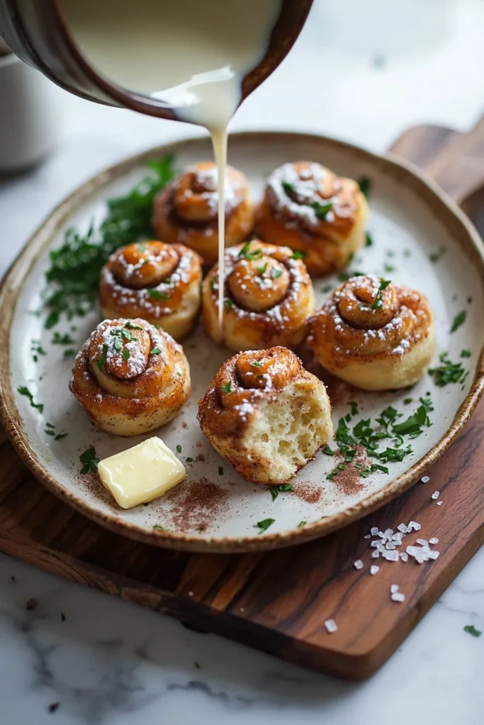 Homemade cinnamon roll bites served on a plate with icing drizzle