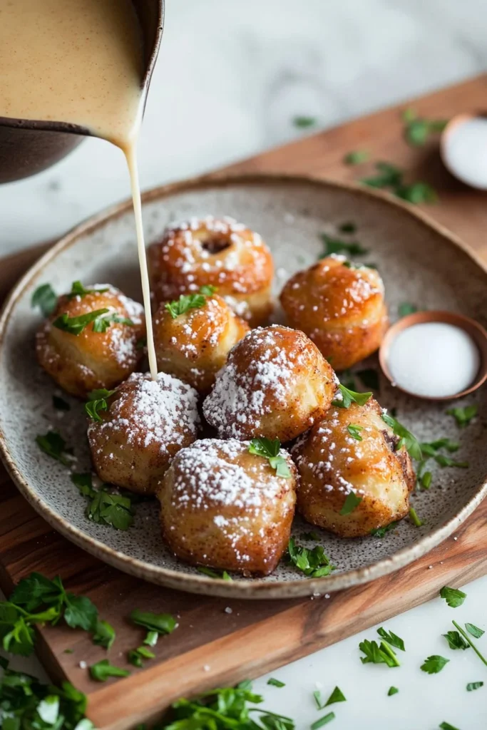 Delicious cinnamon roll bites drizzled with icing on a wooden table