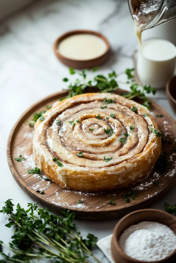 Delicious Cinnamon Roll Cake with cinnamon swirl and icing