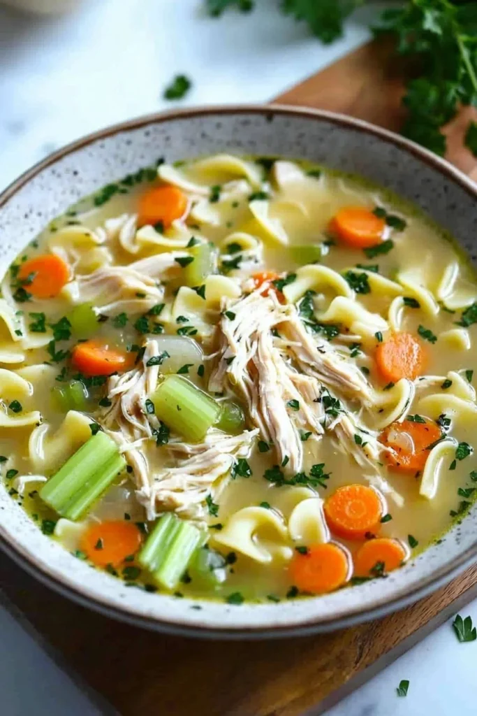 Bowl of Cold Fighting Chicken Noodle Soup with vegetables and chicken