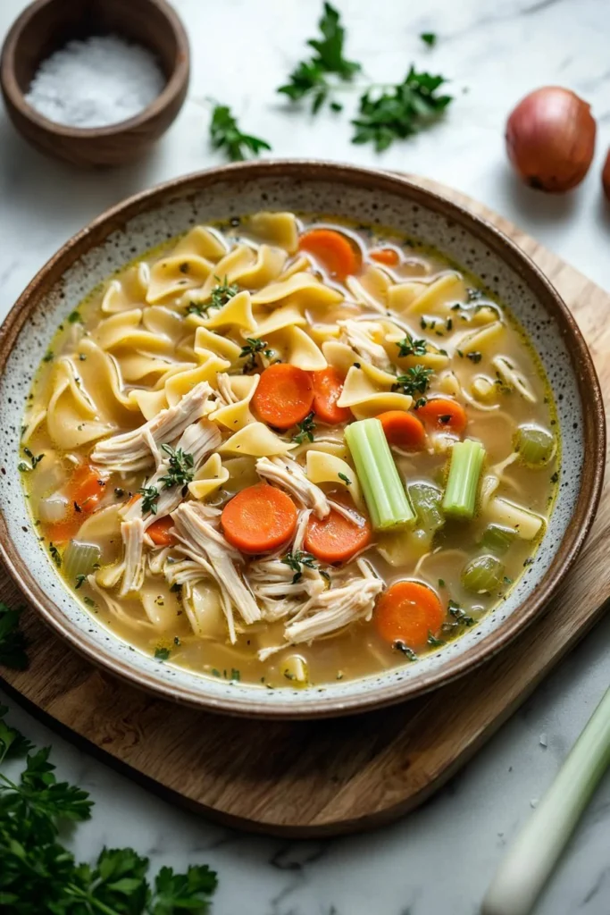 Bowl of Cold-Fighting Chicken Noodle Soup with vegetables and herbs