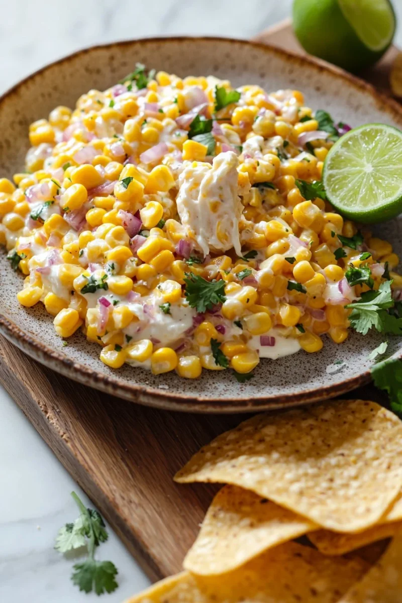 Bowl of cold street corn dip garnished with cilantro and lime