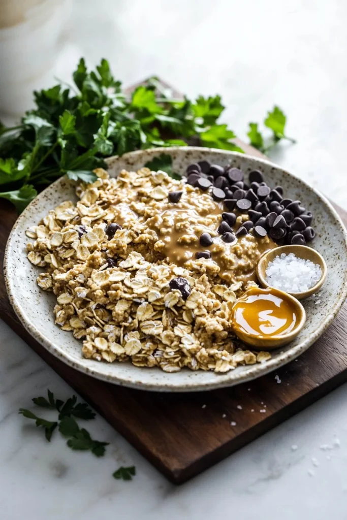 Delicious bowl of cookie dough overnight oats topped with chocolate chips