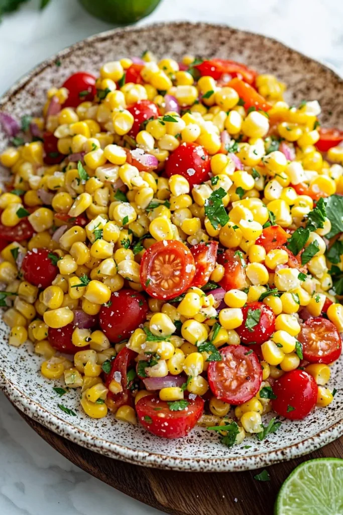 Colorful corn salad with fresh vegetables and dressing on a wooden table