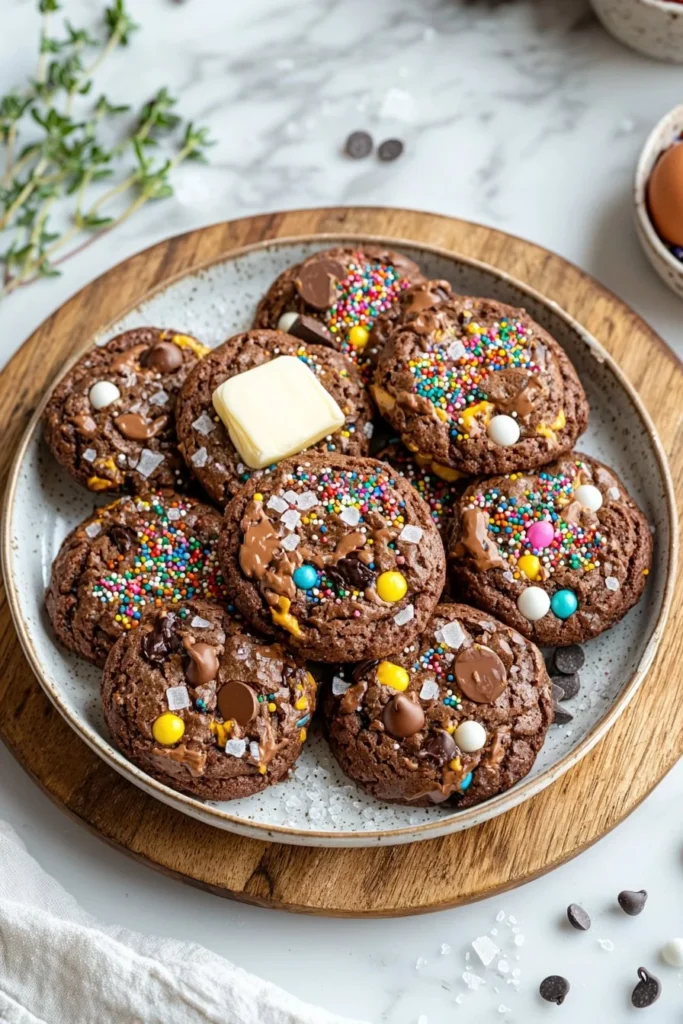 Delicious cosmic brownie cookies with colorful sprinkles and chocolate fudge.