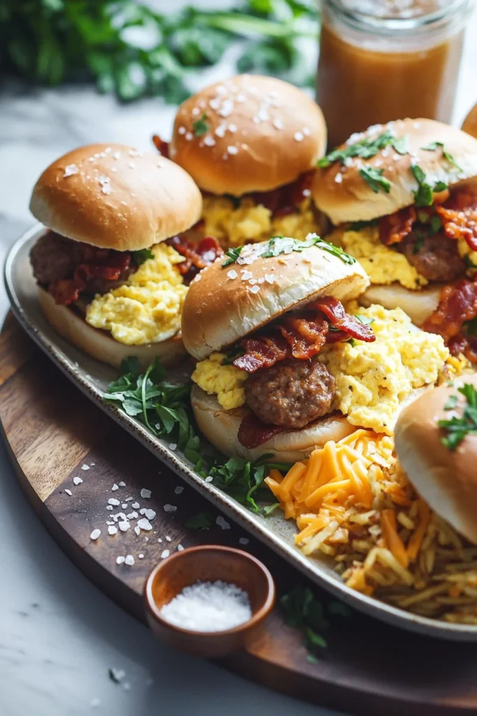 Delicious Cowboy Breakfast Sliders served on a wooden plate