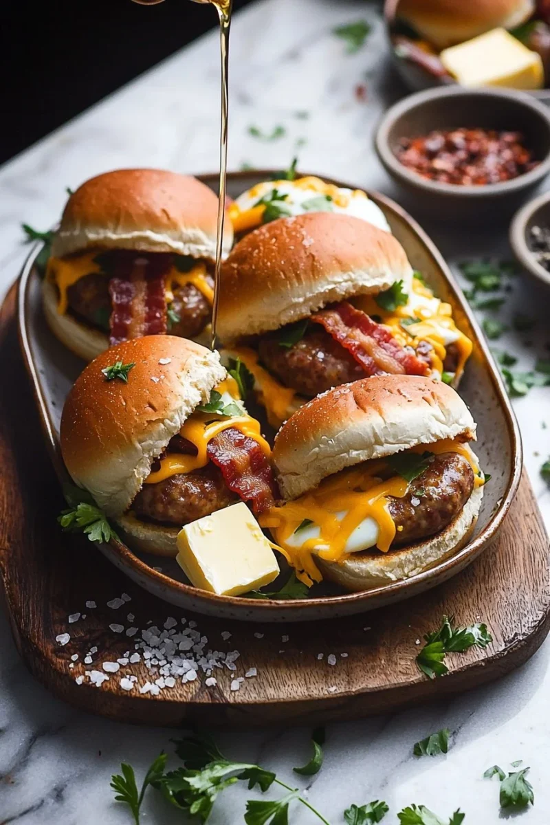 Delicious Cowboy Breakfast Sliders with sausage, eggs, and cheese on fluffy biscuits