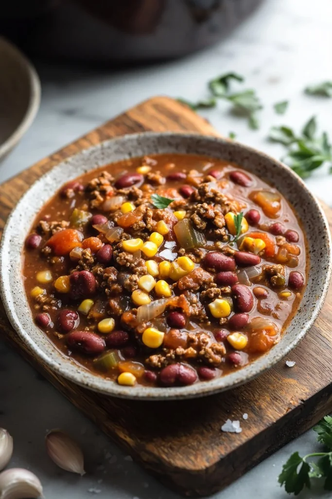 Bowl of hearty Cowboy Stew with beef, beans, and vegetables