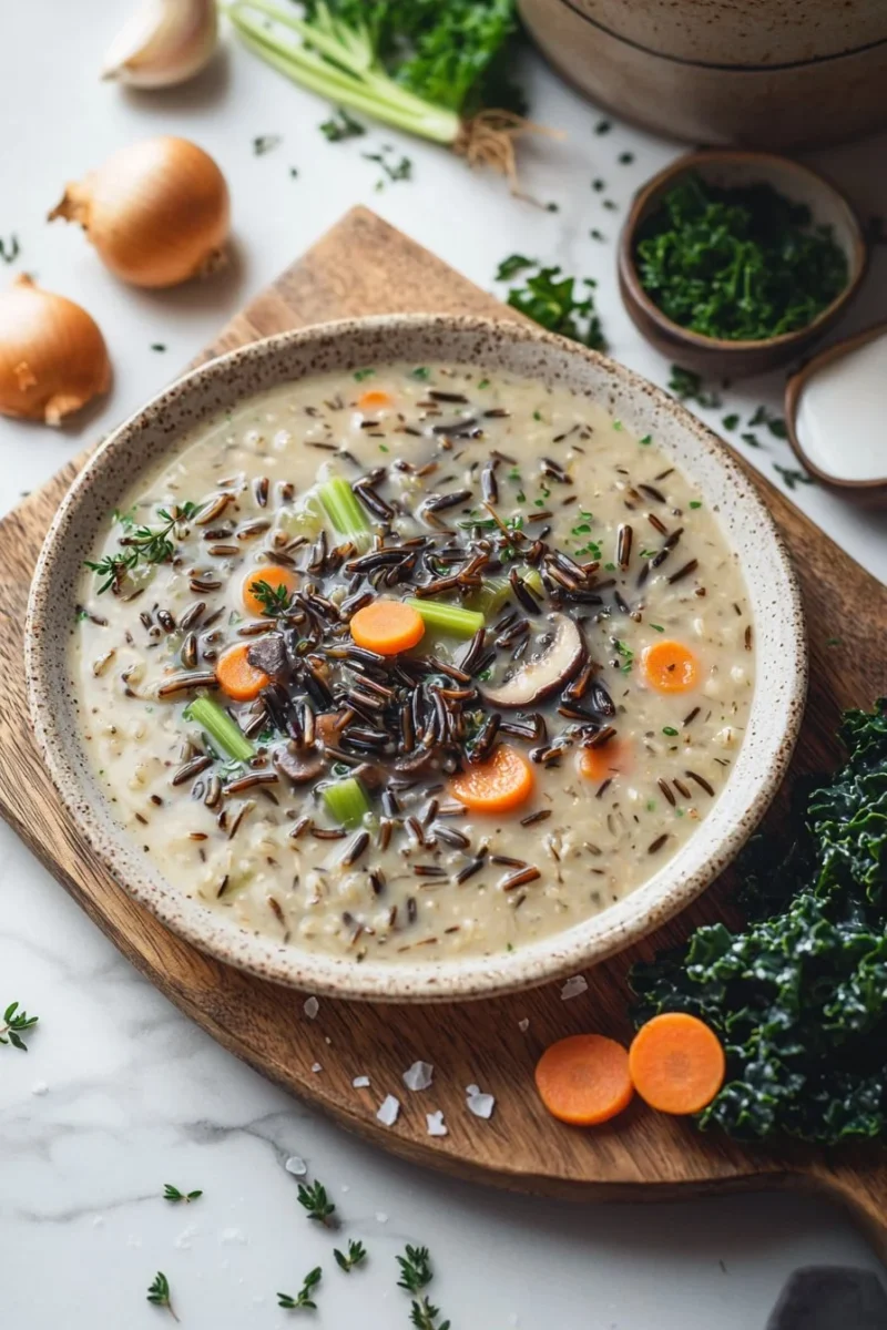 Bowl of cozy autumn wild rice soup garnished with herbs and veggies