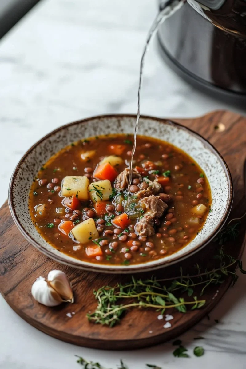 Delicious cozy crockpot soups and stews ready for serving in a bowl.