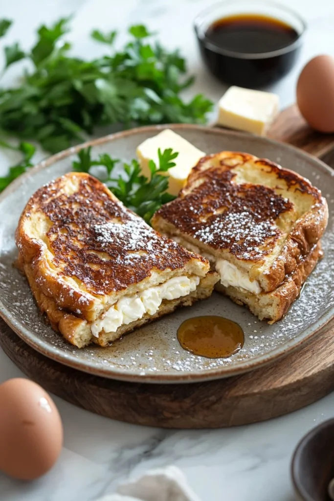 Delicious cream cheese stuffed French toast served with syrup and berries
