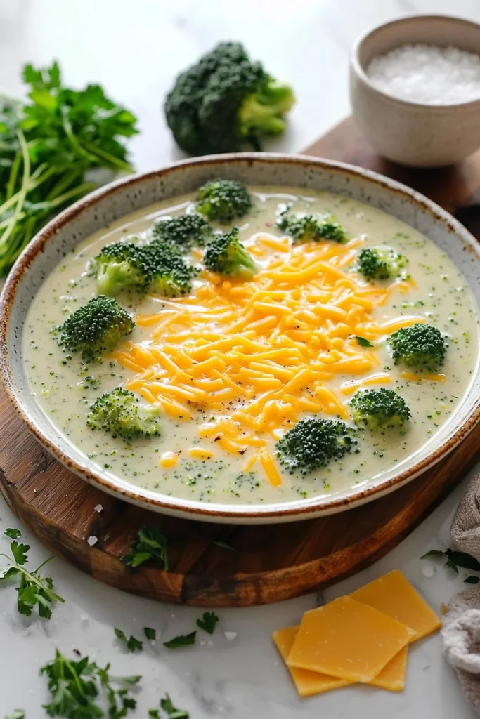 Bowl of creamy broccoli cheddar soup topped with cheese and fresh herbs
