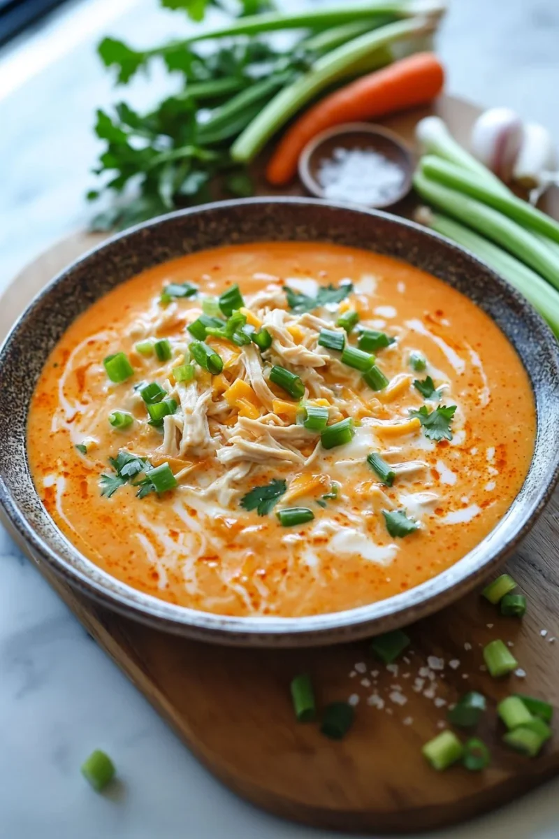 Creamy buffalo chicken soup in a bowl garnished with green onions