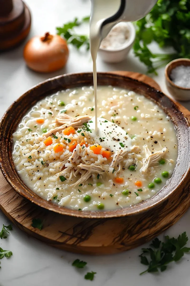 Bowl of creamy chicken and rice soup garnished with herbs