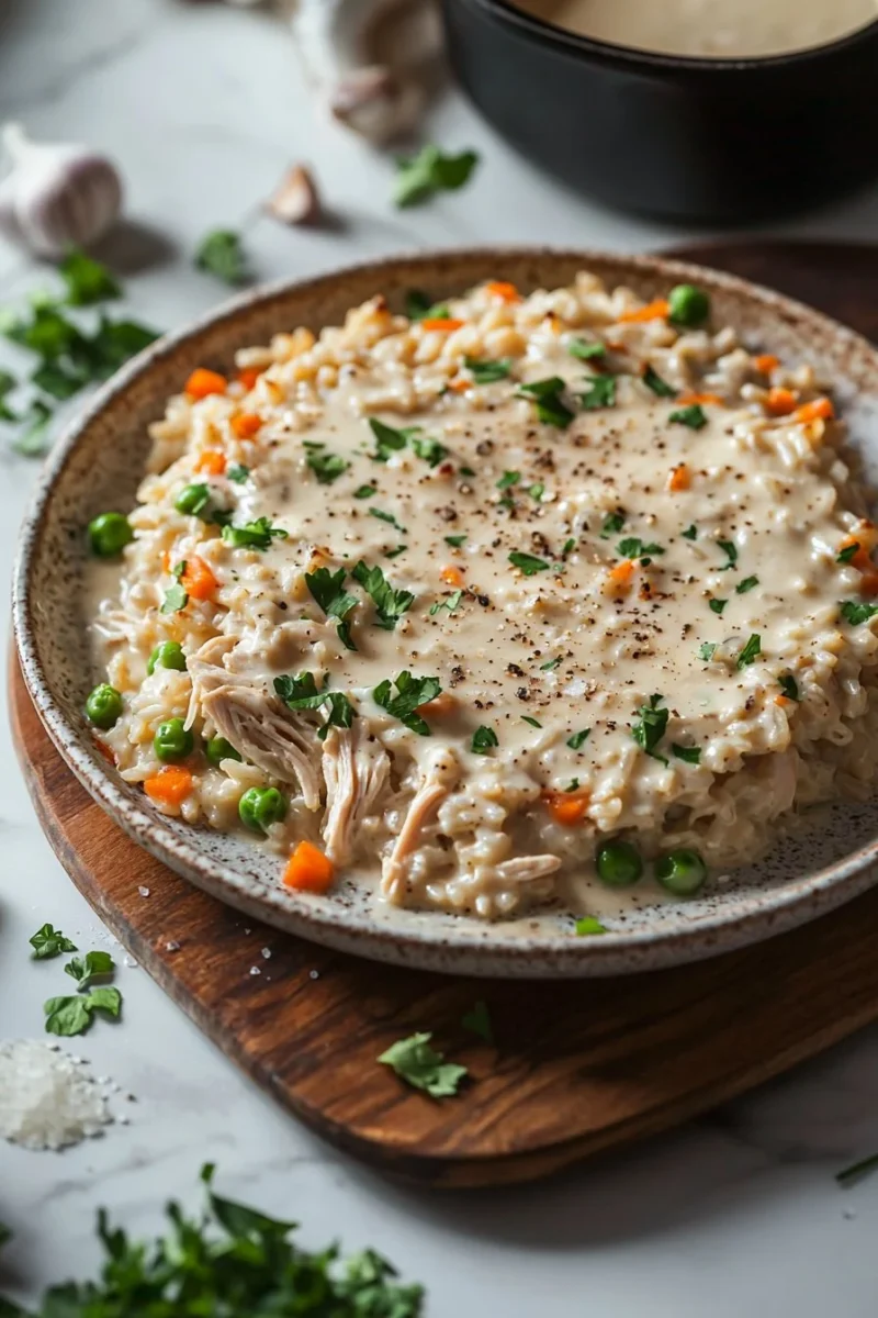 Delicious creamy chicken rice casserole baked to perfection in a dish.