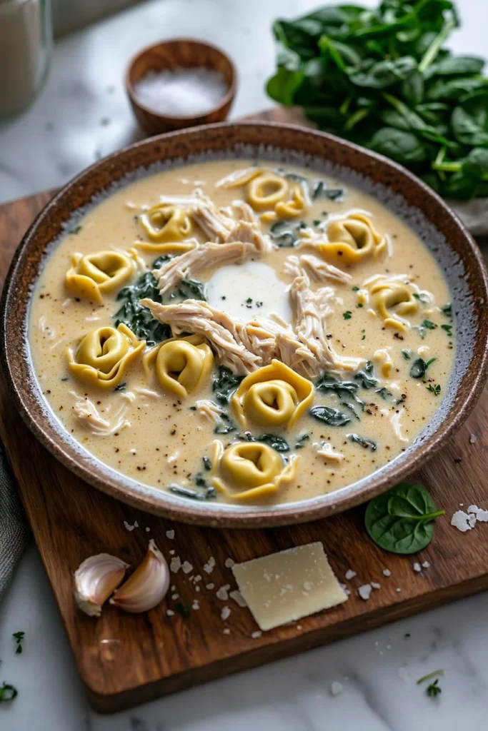 Bowl of creamy chicken tortellini soup garnished with herbs
