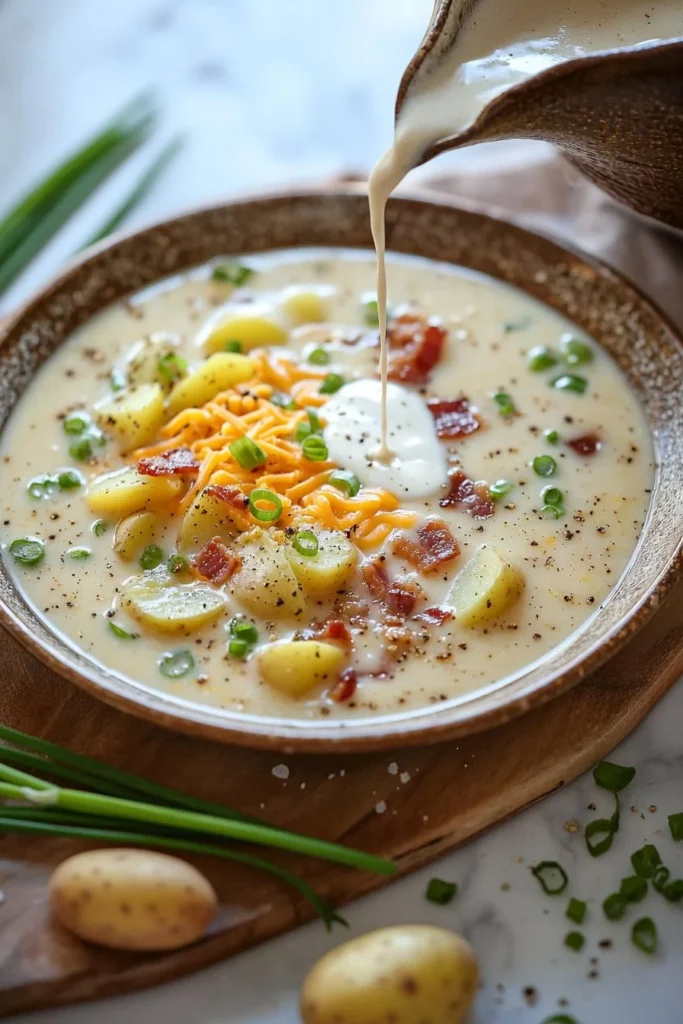 Creamy crock pot loaded potato soup garnished with green onions and cheese
