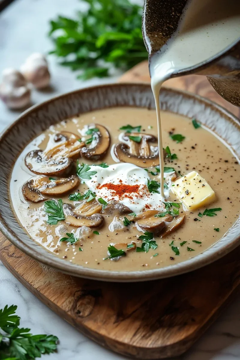 Delicious creamy Hungarian Mushroom Soup in a bowl, garnished with fresh herbs.