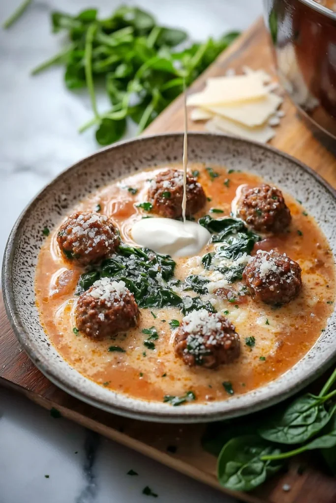 Creamy Italian meatball soup in a bowl garnished with herbs and bread