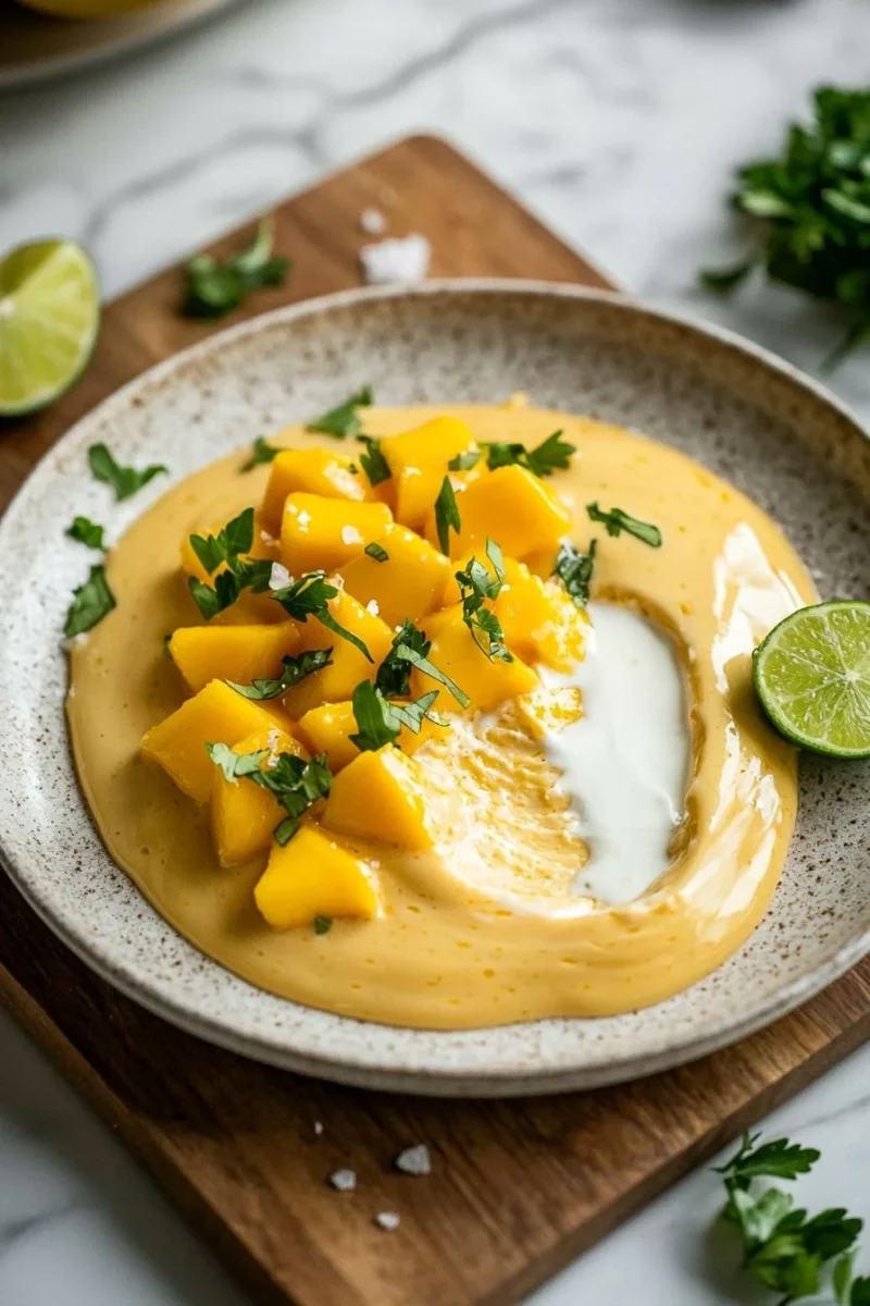 Delicious creamy mango mousse dessert with fresh mango slices on top