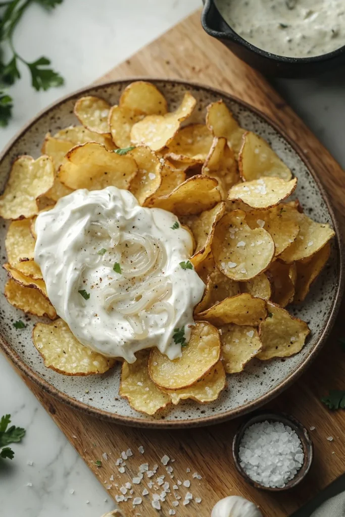 Delicious creamy onion potato chips in a bowl for snacking