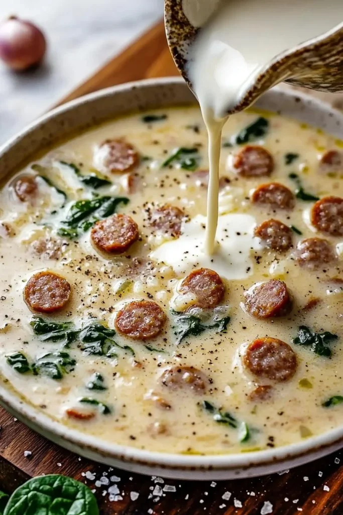 Bowl of creamy Parmesan Italian sausage soup topped with herbs