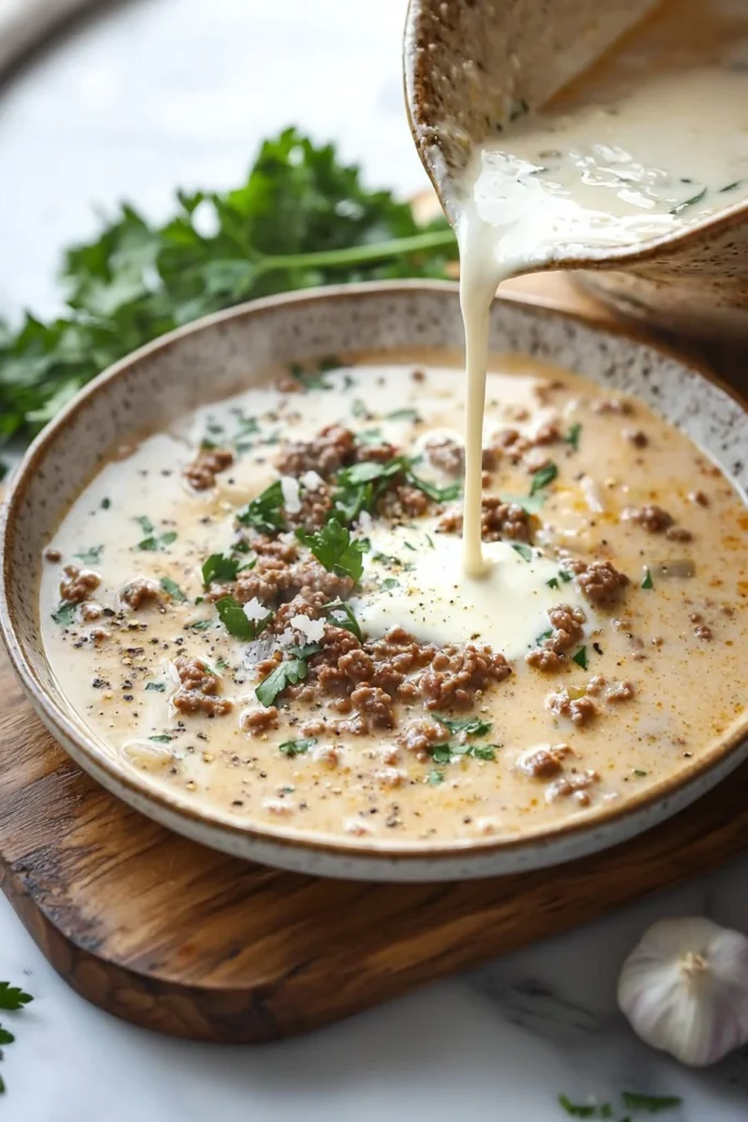 Creamy Parmesan Italian-style beef soup served in a bowl with fresh herbs