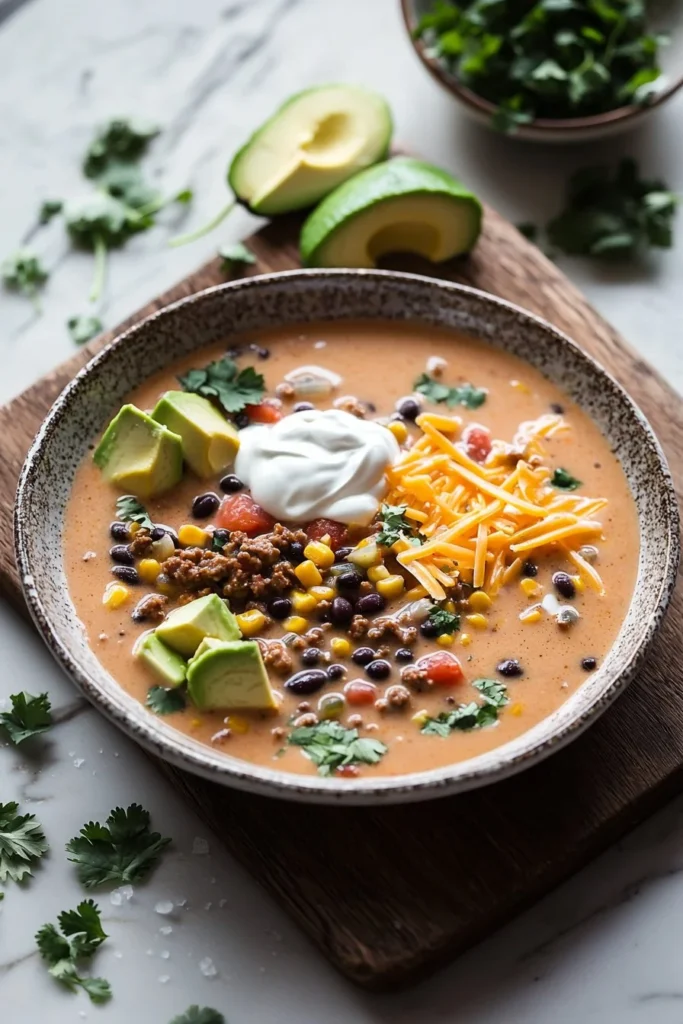A bowl of creamy taco soup topped with cheese and avocado garnishes.