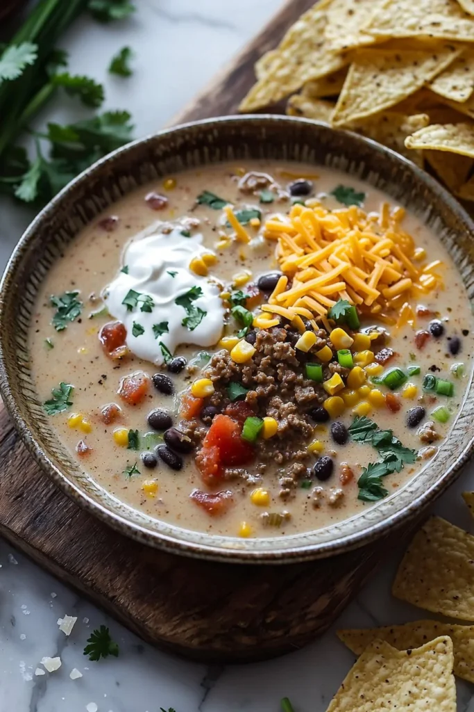 Creamy taco soup garnished with cilantro and cheese in a bowl